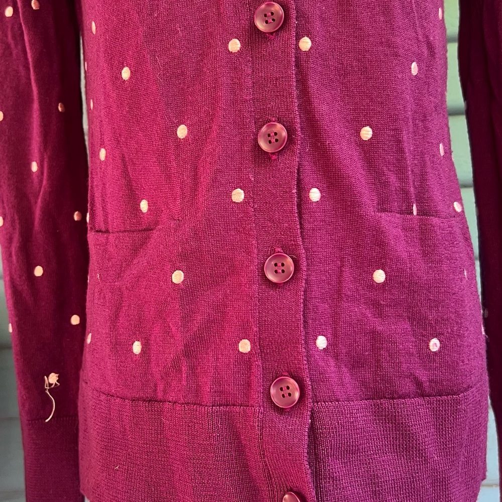 Halogen 100% Wool Purple Polka Dot Long Sleeve Cardigan - Picture 4 of 7